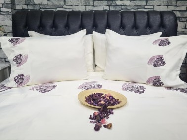 Dowry World Leaf Cotton Satin Duvet Cover Set Cream Lilac - Thumbnail