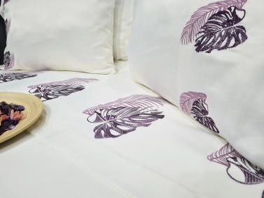 Dowry World Leaf Cotton Satin Duvet Cover Set Cream Lilac - Thumbnail