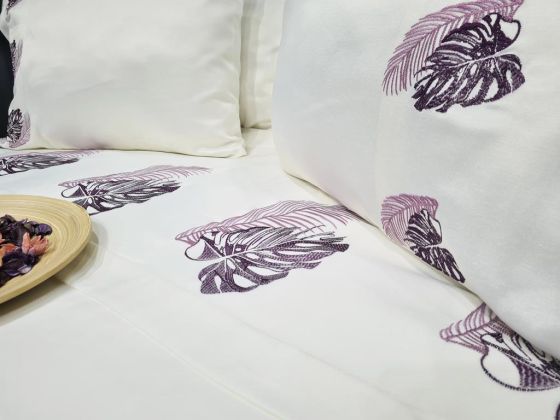 Dowry World Leaf Cotton Satin Duvet Cover Set Cream Lilac