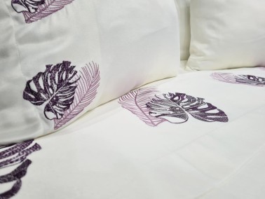 Dowry World Leaf Cotton Satin Duvet Cover Set Cream Lilac - Thumbnail