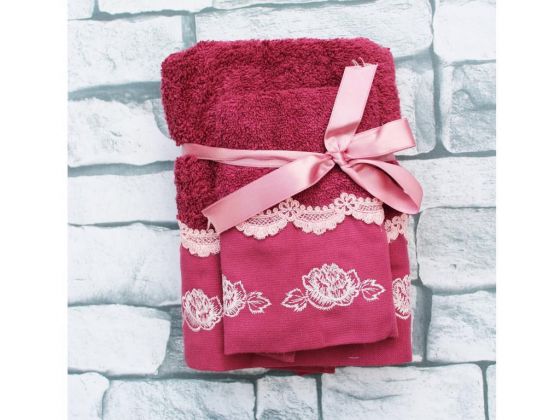 Dowry World Leaf Rose 2-Piece Towel Set Fuchsia