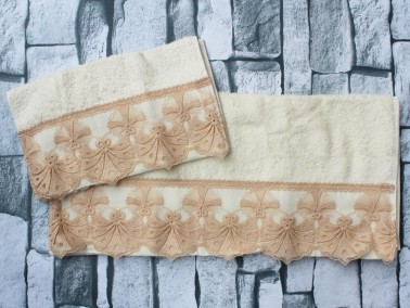 Dowry World Naz Guipure 2 Pcs Towel Set Cream - Thumbnail