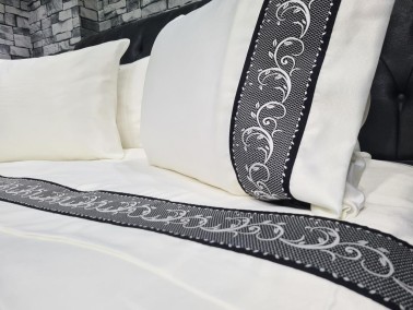 Dowry World Orkide Cotton Satin Duvet Cover Set Cream Black - Thumbnail