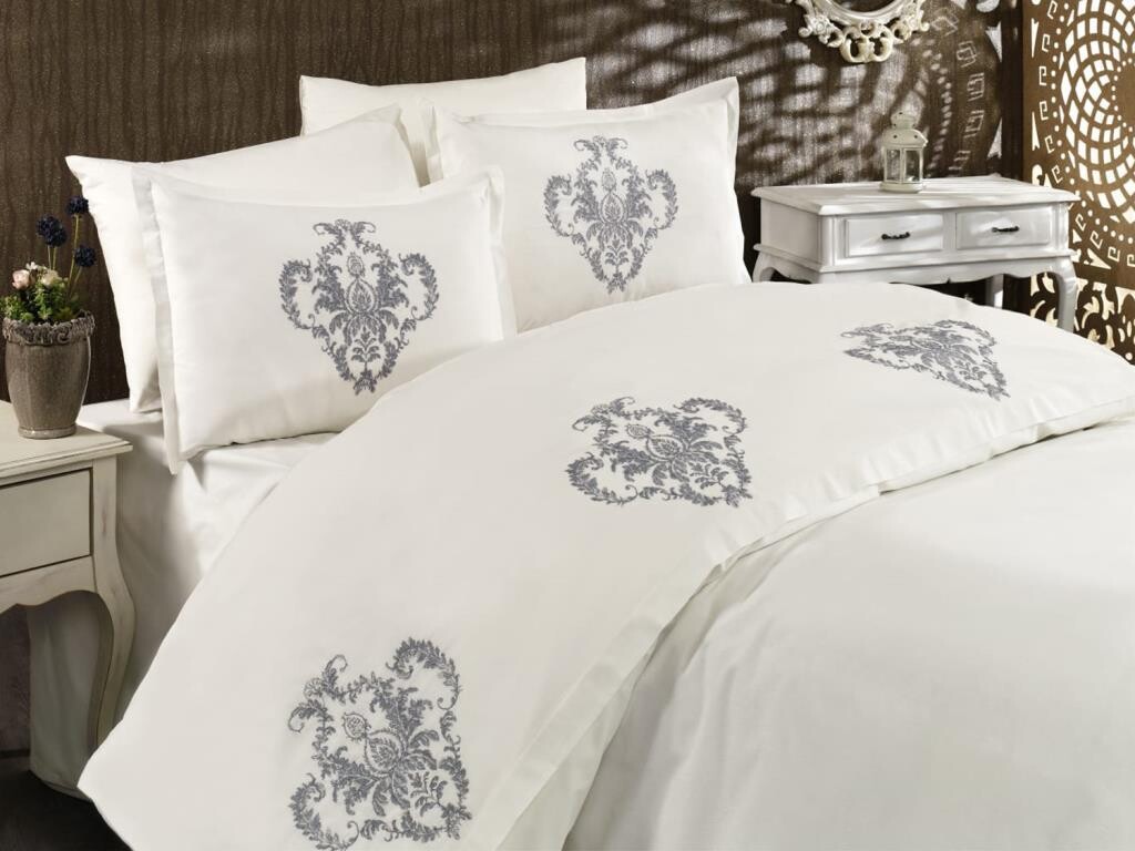 Dowry World - Dowry Land Palm Embroidered Duvet Cover Set Cream Gray Dowry World - Dowry Land Palm Embroidered Duvet Cover Set Cream Gray