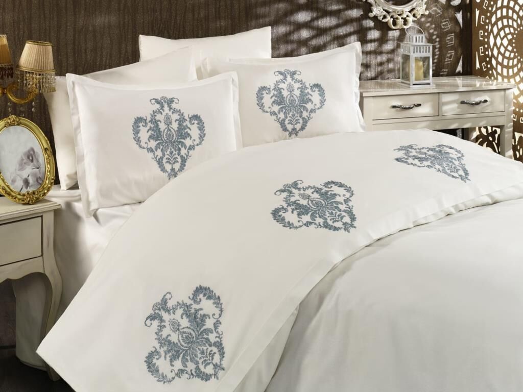 Dowry Land Palm Embroidered Duvet Cover Set Cream Petrol