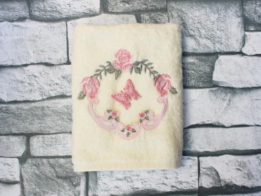 Dowry World Pink Butterfly Embroidered Dowry Towel Cream - Thumbnail