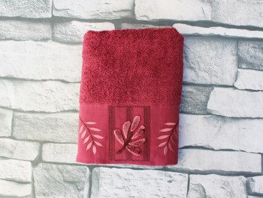 Dowry World Pink Leaf Embroidered Dowry Towel Fuchsia - Thumbnail