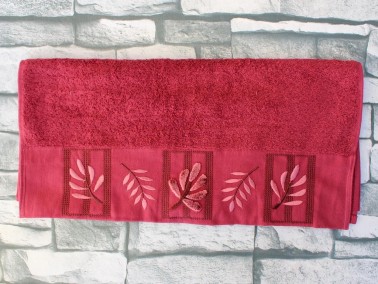 Dowry World Pink Leaf Embroidered Dowry Towel Fuchsia - Thumbnail