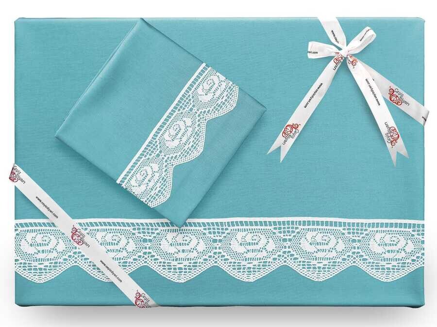 Dowry World - Çeyiz Diyarı Puka Sade طقم غطاء لحاف مطرز بالدانتيل لون بترولي