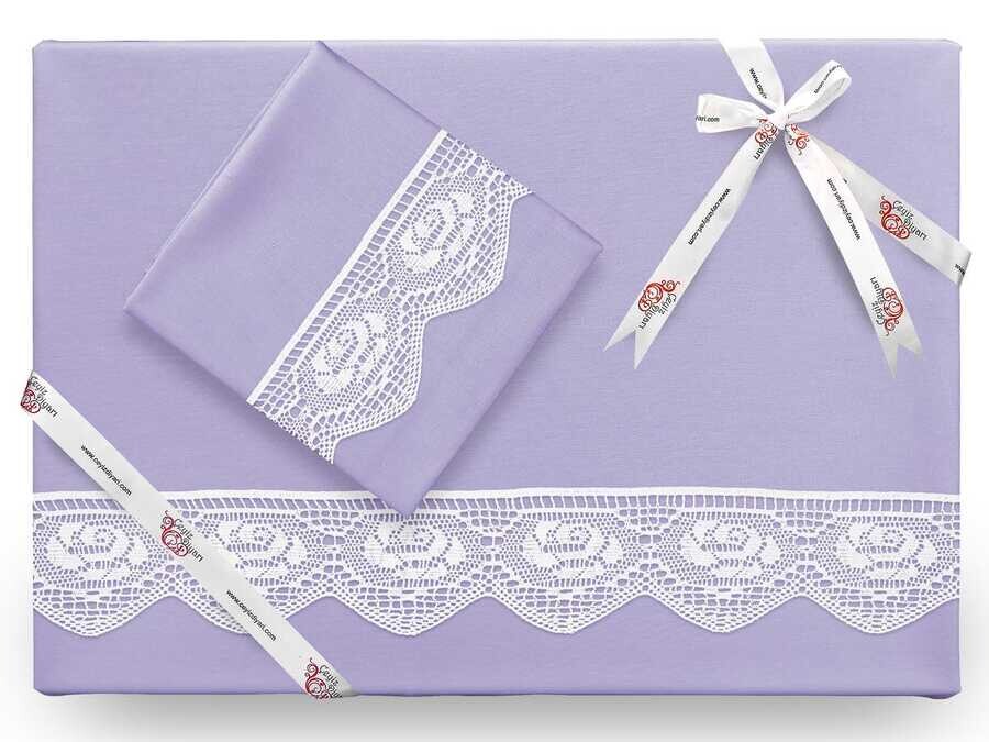 Dowry World - Çeyiz Diyarı Puka Sade (ليلا)طقم غطاء لحاف مطرز بالدانتيل لون البنفسجي الفاتح