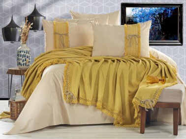 Çeyiz Diyarı - Dowry World Rapunzel Bedspread Set 6 Pieces Mustard Beige Çeyiz Diyarı - Dowry World Rapunzel Bedspread Set 6 Pieces Mustard Beige