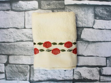 Dowry World Red Flower Embroidered Dowry Towel Cream - Thumbnail