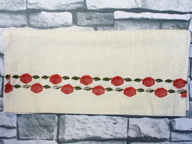 Dowry World Red Flower Embroidered Dowry Towel Cream - Thumbnail