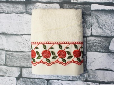 Red Rose Embroidered Dowry Towel - Cream - Thumbnail
