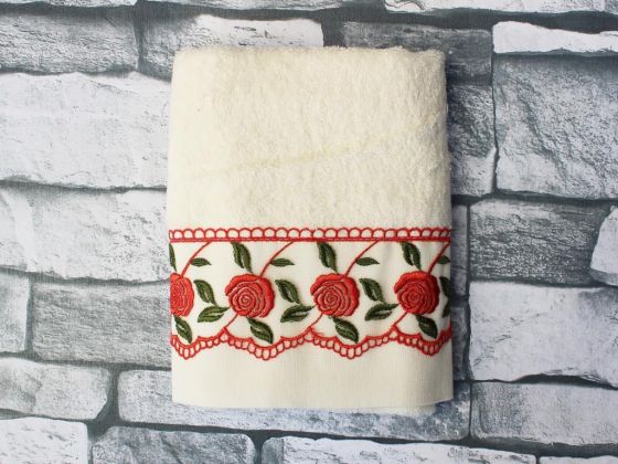 Red Rose Embroidered Dowry Towel - Cream