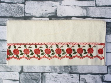 Red Rose Embroidered Dowry Towel - Cream - Thumbnail