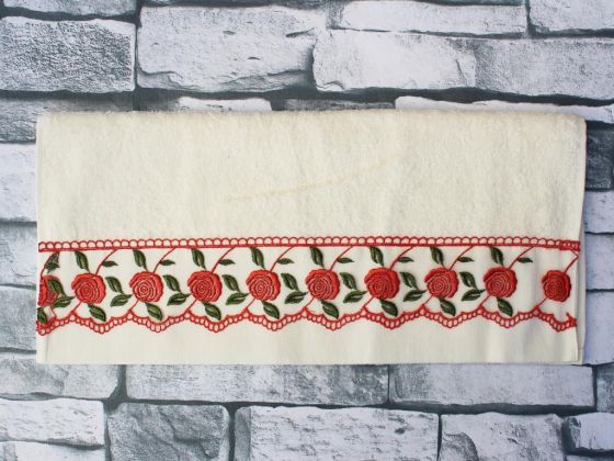 Red Rose Embroidered Dowry Towel - Cream