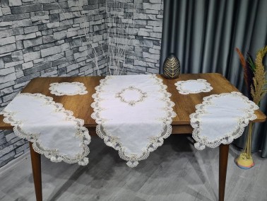 Dowry World Safir 5 Piece Linen Living Room Set Cream Gold - Thumbnail
