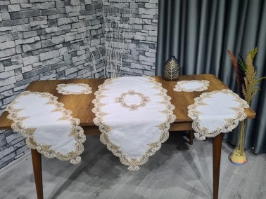 Dowry World Safir 5 Piece Linen Living Room Set Cream Brown - Thumbnail