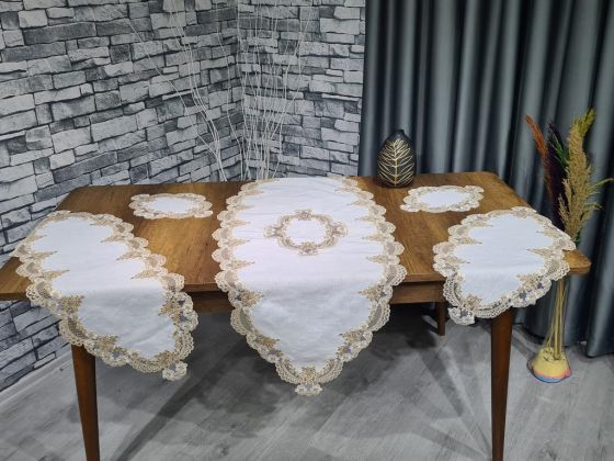 Dowry World Safir 5 Piece Linen Living Room Set Cream Brown