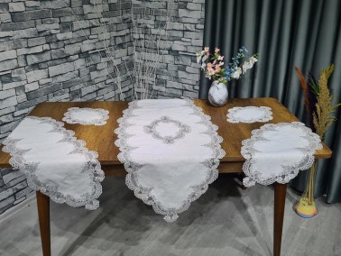 Dowry World Safir 5 Piece Linen Living Room Set Cream Silver - Thumbnail