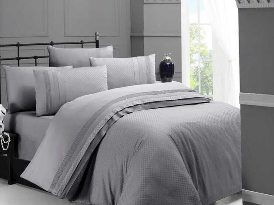 Dowry World - Dowry World Satin Square Style Cotton Satin Double Duvet Cover Set Gray