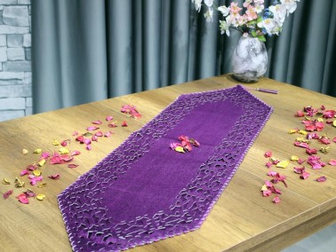 Dowry World Seljuk Velvet Double Layer Runner Plum - Thumbnail