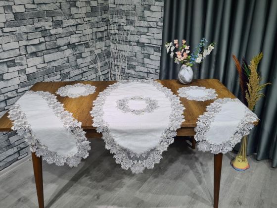 Dowry World Selina 5 Piece Linen Living Room Set Cream Silver