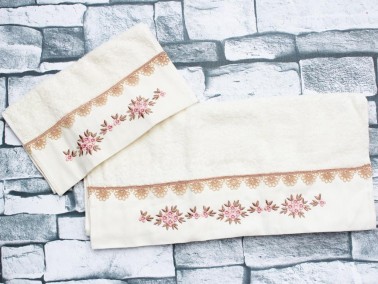 Dowry World Small Rose 2 Piece Towel Set Cream - Thumbnail