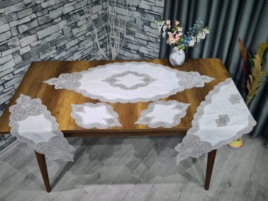 Dowry World Sofia 5 Piece Linen Living Room Set Cream Silver - Thumbnail