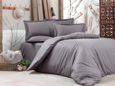 Dowry World - Dowry World Stripe Double Cotton Satin Duvet Cover Set Anthracite