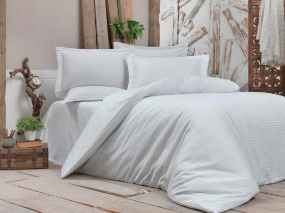 Dowry World Stripe Double Cotton Satin Duvet Cover Set White