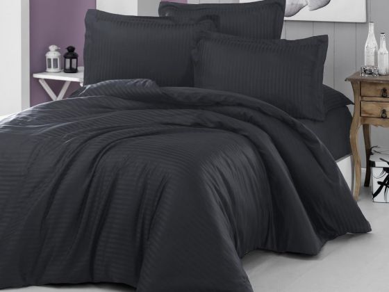 Dowry World Stripe Double Cotton Satin Duvet Cover Set Black