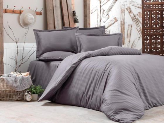 Dowry World Stripe Double Cotton Satin Duvet Cover Set Anthracite