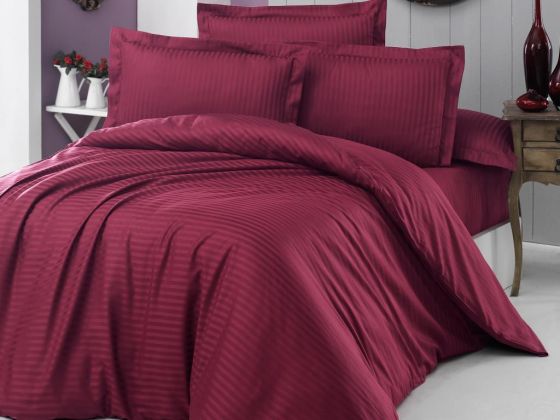 Dowry World Stripe Double Cotton Satin Duvet Cover Set Burgundy