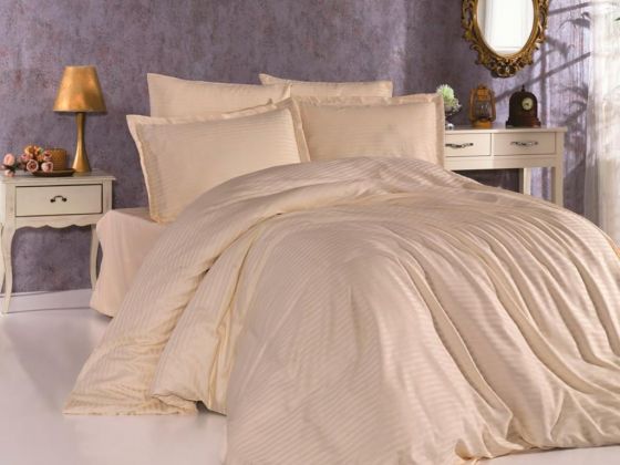 Dowry World Stripe Double Cotton Satin Duvet Cover Set Cappucino