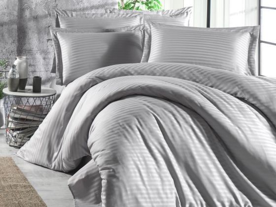 Dowry World Stripe Double Cotton Satin Duvet Cover Set Gray