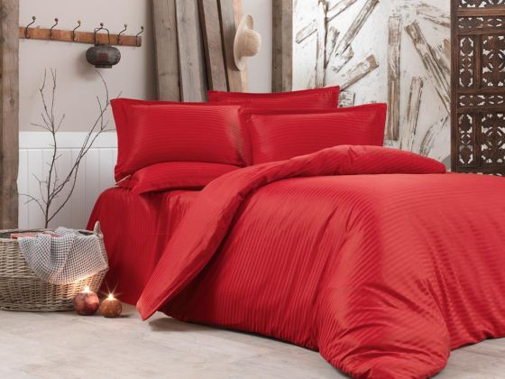 Dowry World Stripe Double Cotton Satin Duvet Cover Set Red