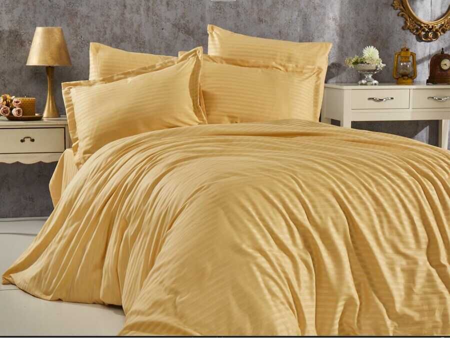  Dowry World Stripe Cotton Satin Double Duvet Cover Set Mustard