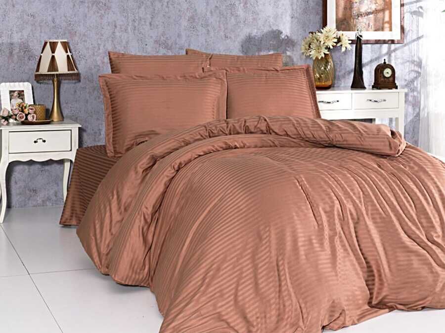  Dowry World Stripe Cotton Satin Double Duvet Cover Set Brown