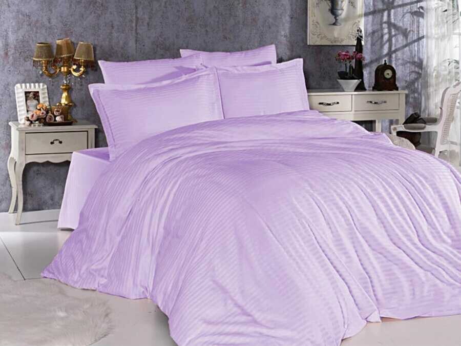 Dowry World - Dowry World Stripe Cotton Satin Double Duvet Cover Set Lilac