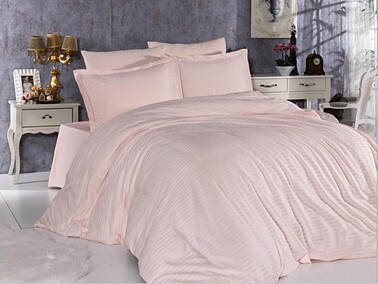 Dowry World - Dowry World Stripe Cotton Satin Double Duvet Cover Set Powder