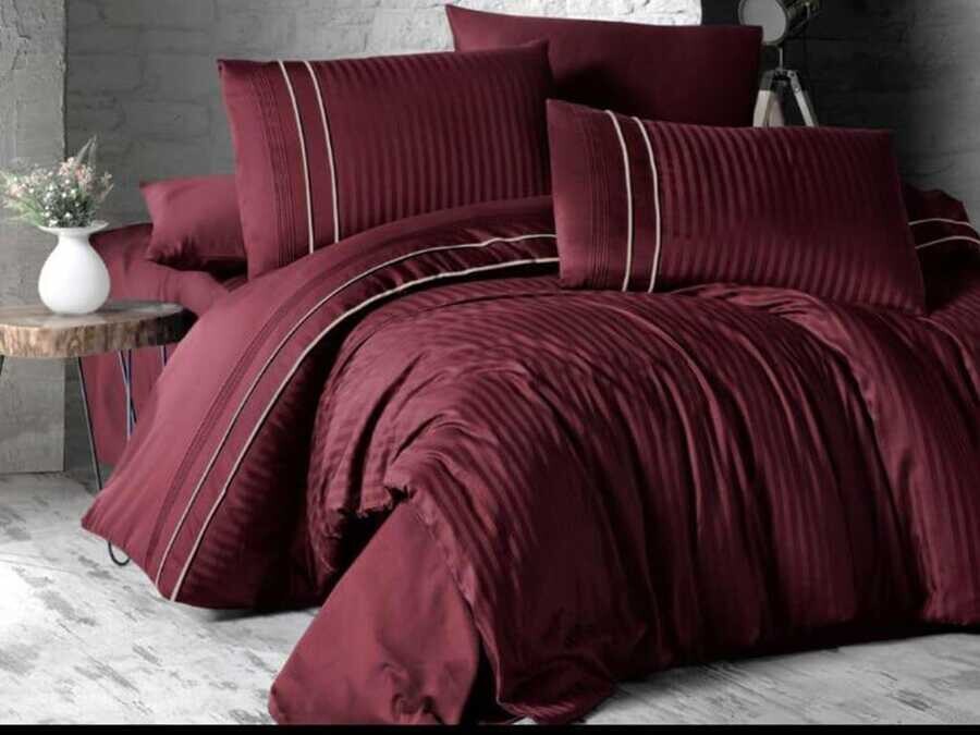 Dowry World - Dowry World Stripe Style Cotton Satin Double Duvet Cover Set Claret Red Dowry World - Dowry World Stripe Style Cotton Satin Double Duvet Cover Set Claret Red