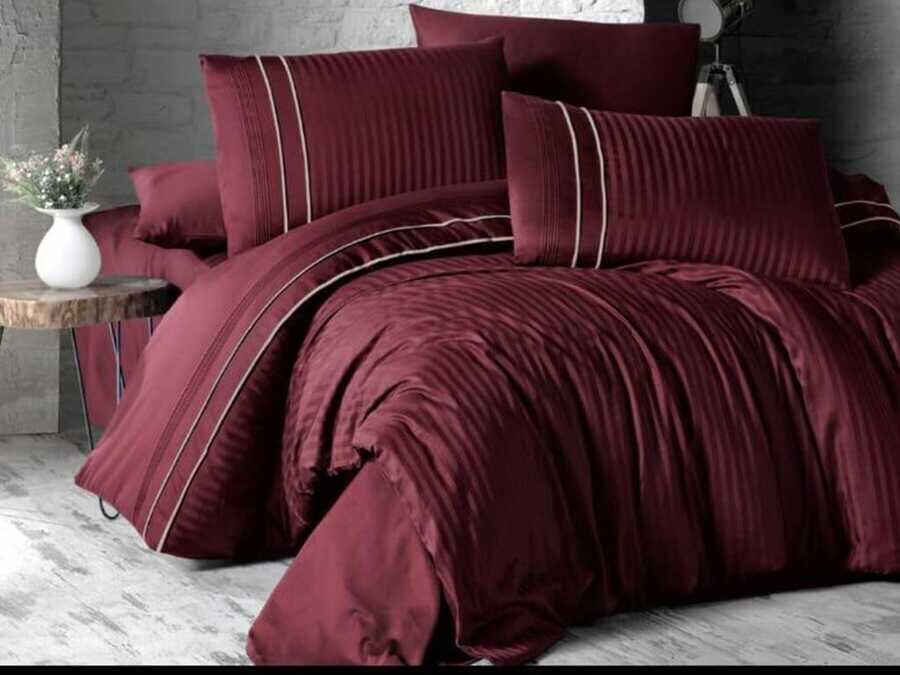 Dowry World Stripe Style Cotton Satin Double Duvet Cover Set Claret Red