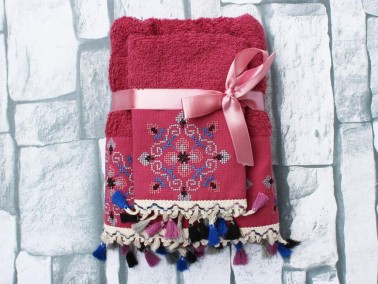 Dowry World Umay Embroidered 2 Pcs Towel Set - Fuchsia - Thumbnail