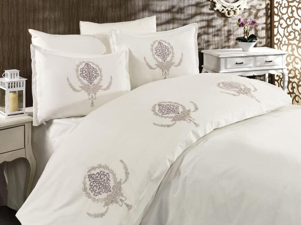 Dowry World - Dowry Land Virgo Embroidered Duvet Cover Set Cream Beige Dowry World - Dowry Land Virgo Embroidered Duvet Cover Set Cream Beige