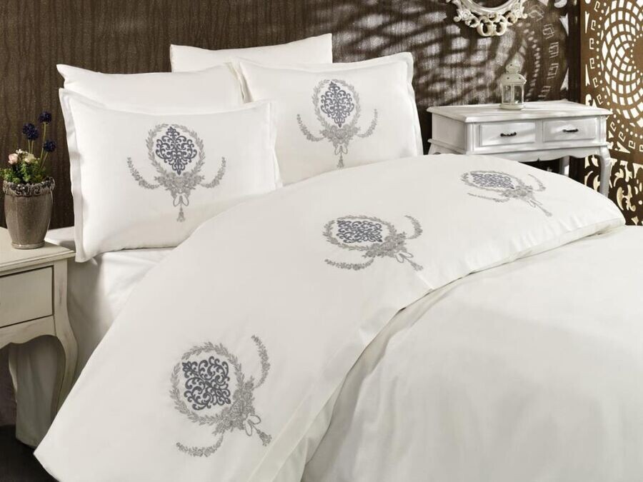Dowry World - Dowry Land Virgo Embroidered Duvet Cover Set Cream Gray Dowry World - Dowry Land Virgo Embroidered Duvet Cover Set Cream Gray