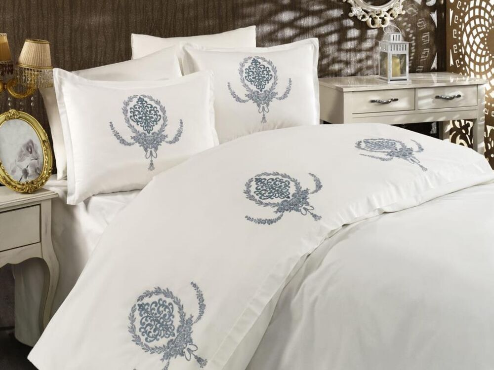 Dowry Land Virgo Embroidered Duvet Cover Set Cream Petrol