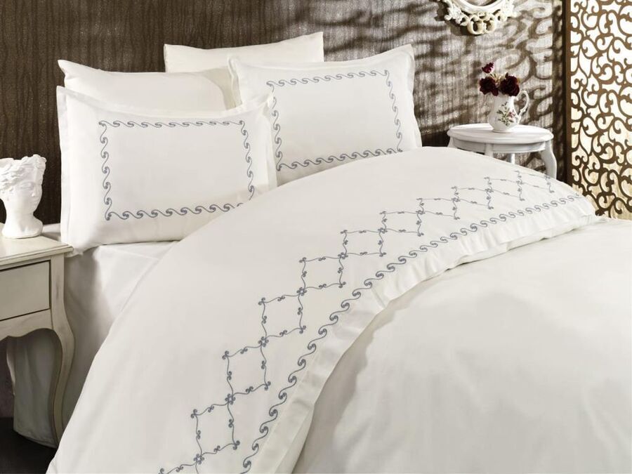 Dowry Land Wave Embroidered Duvet Cover Set Cream Petrol