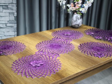 Dowry World Clover Pattern Velvet Runner Placemat Set Plum - Thumbnail